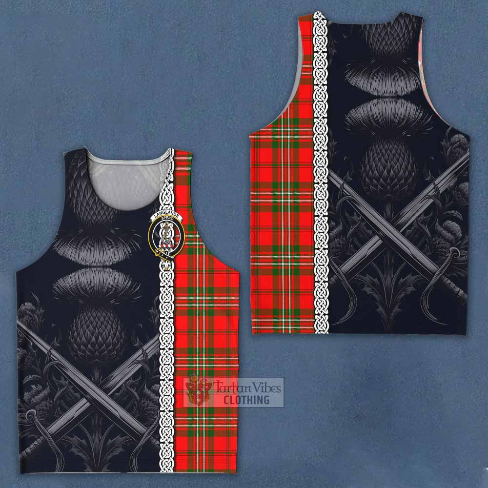 Tartan Vibes Clothing Langlands Tartan Men's Tank Top with Family Crest Cross Sword Thistle Celtic Vibes