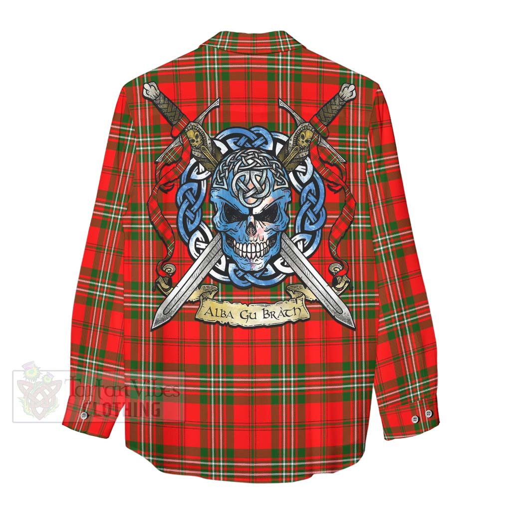 Tartan Vibes Clothing Langlands Tartan Women's Casual Shirt with Family Crest Celtic Skull Style