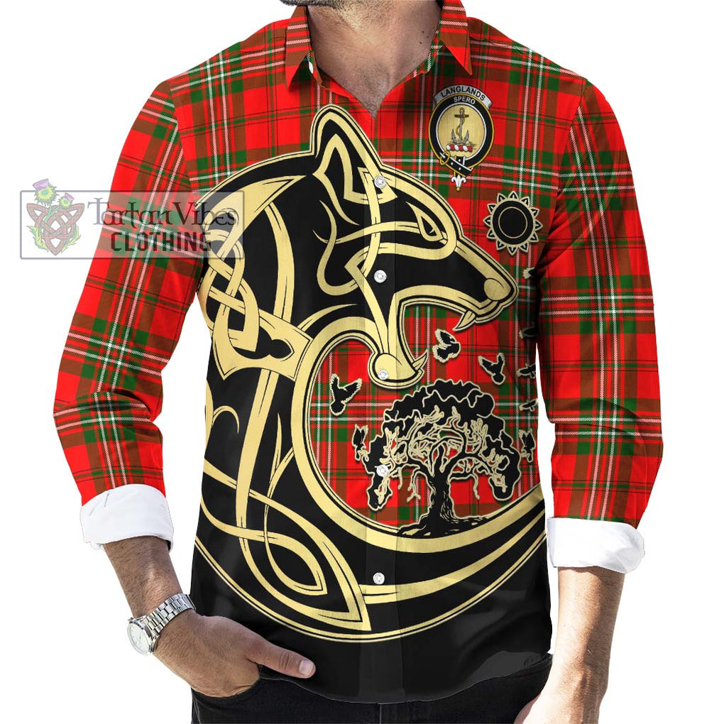 Langlands Tartan Long Sleeve Button Shirt with Family Crest Celtic Wolf Style - Tartan Vibes Clothing