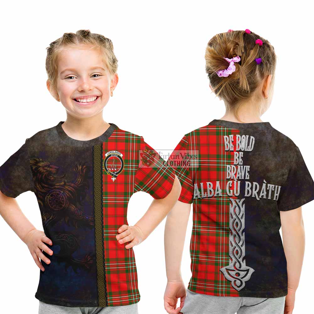 Tartan Vibes Clothing Langlands Tartan Family Crest Kid T-Shirt Alba Gu Brath Be Brave Lion Ancient Style