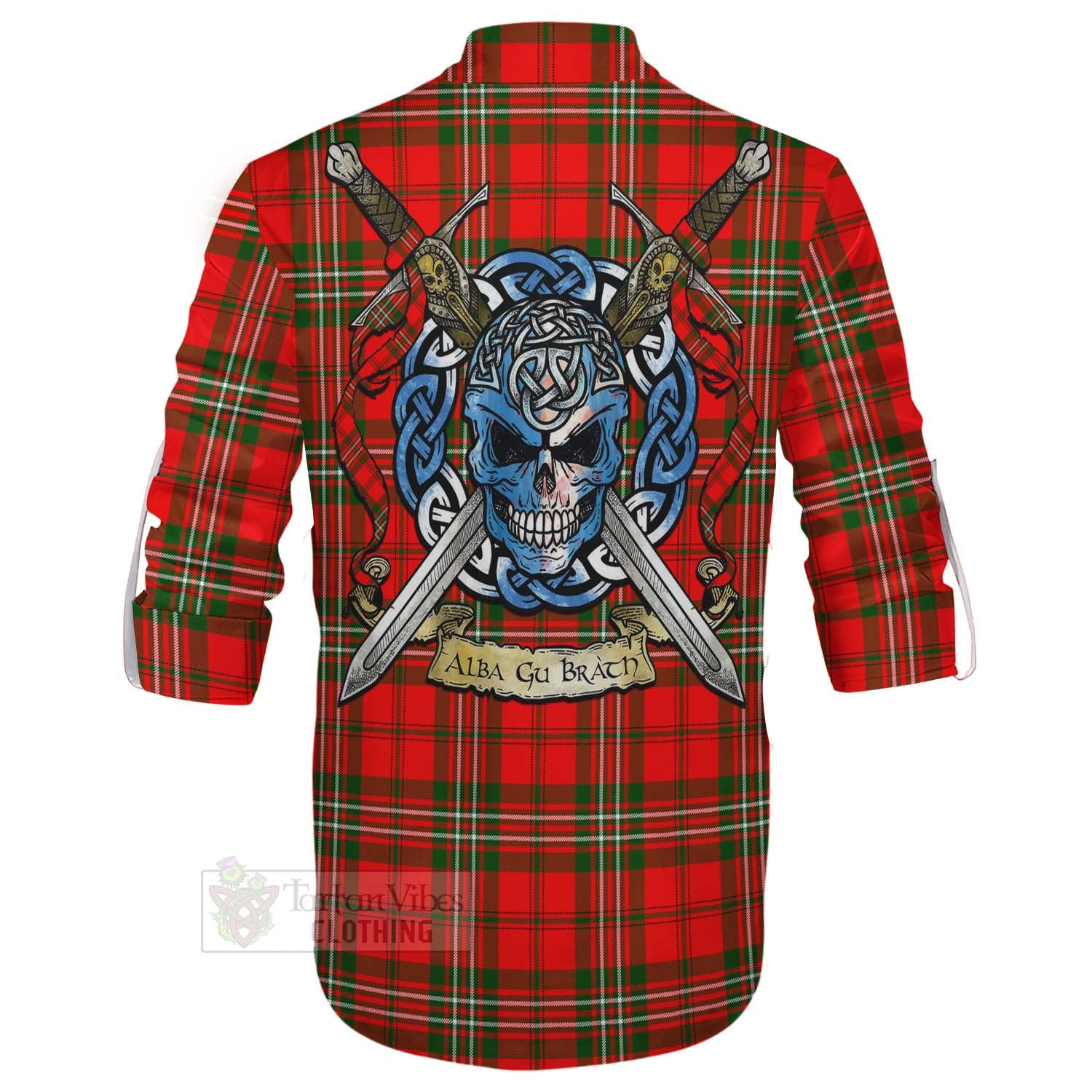 Tartan Vibes Clothing Langlands Tartan Ghillie Kilt Shirt with Family Crest Celtic Skull Style