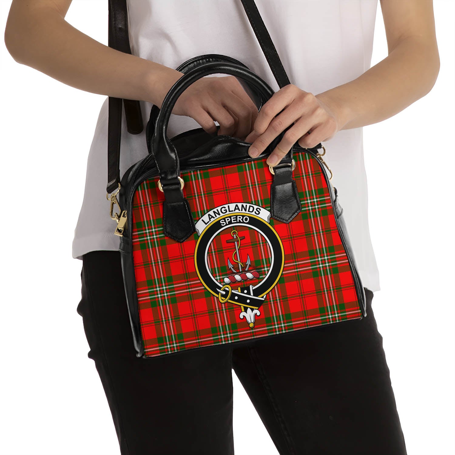 Langlands Tartan Shoulder Handbags with Family Crest - Tartanvibesclothing