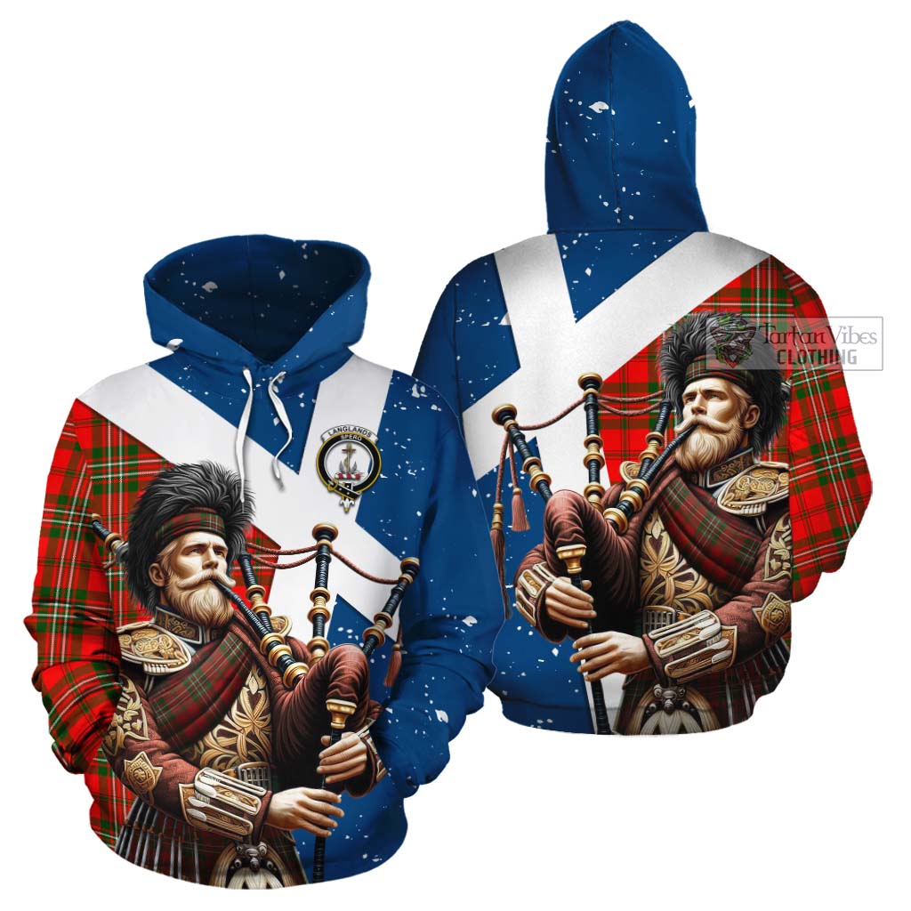 Tartan Vibes Clothing Langlands Tartan Cotton Hoodie with Family Crest Scottish Bagpiper Vibes