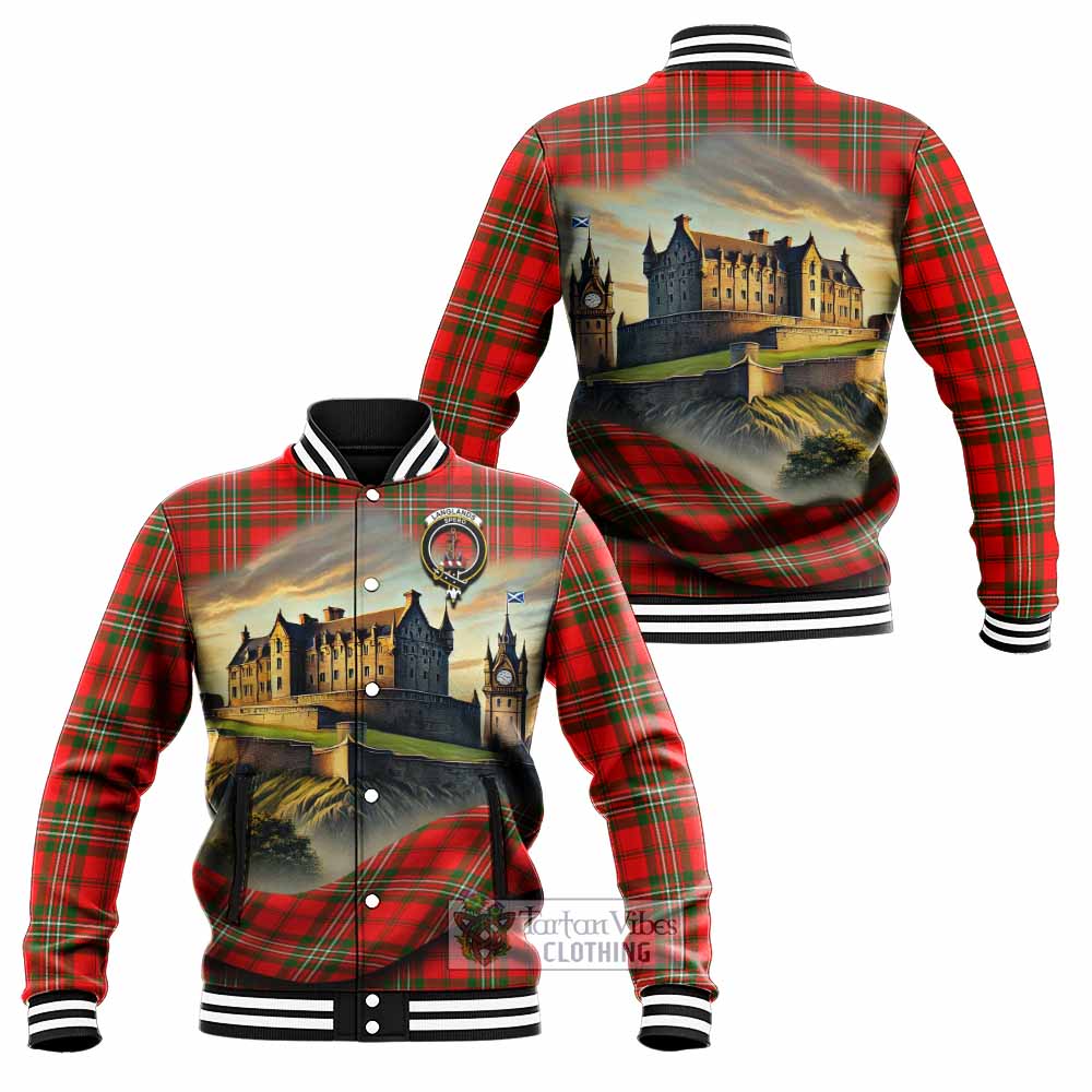 Tartan Vibes Clothing Langlands Tartan Family Crest Baseball Jacket with Scottish Ancient Castle Style