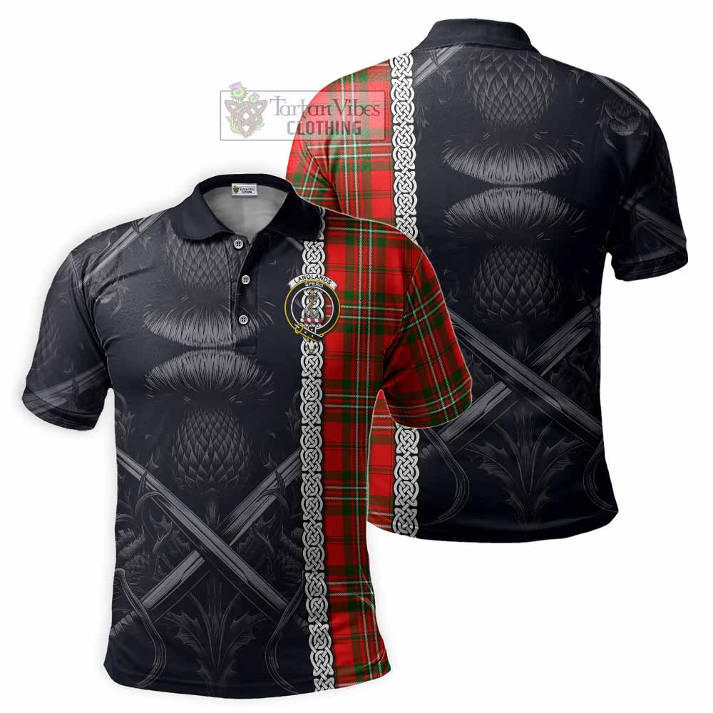 Tartan Vibes Clothing Langlands Tartan Polo Shirt with Family Crest Cross Sword Thistle Celtic Vibes