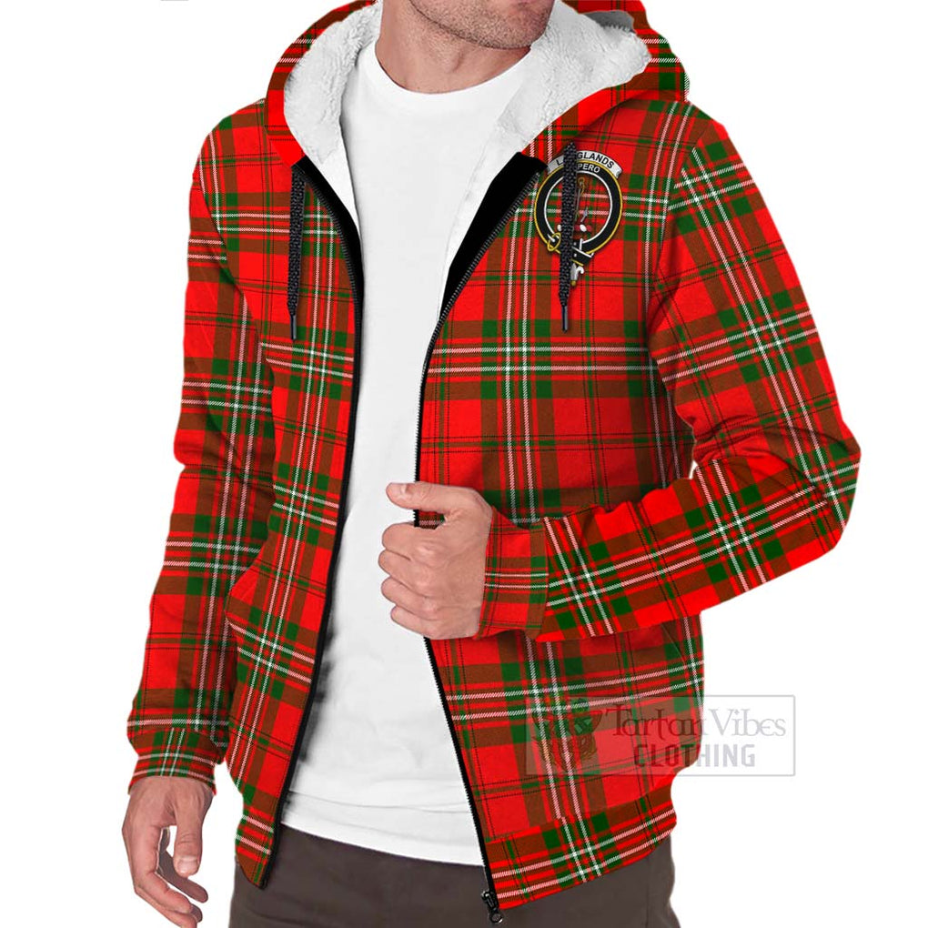 Tartan Vibes Clothing Langlands Tartan Sherpa Hoodie with Family Crest and Bearded Skull Holding Bottles of Whiskey