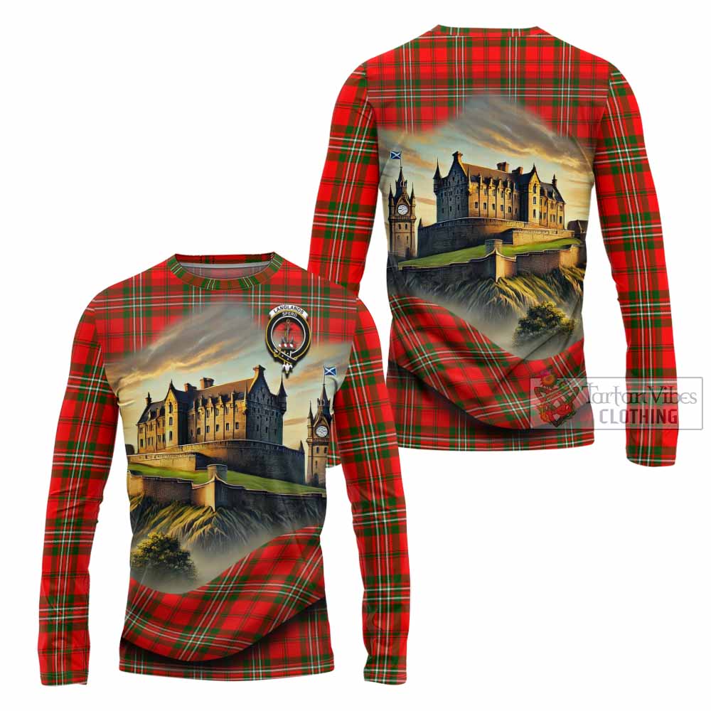 Tartan Vibes Clothing Langlands Tartan Family Crest Long Sleeve T-Shirt with Scottish Ancient Castle Style