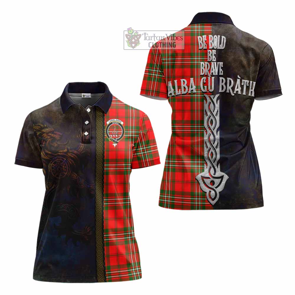 Tartan Vibes Clothing Langlands Tartan Family Crest Women's Polo Shirt Alba Gu Brath Be Brave Lion Ancient Style