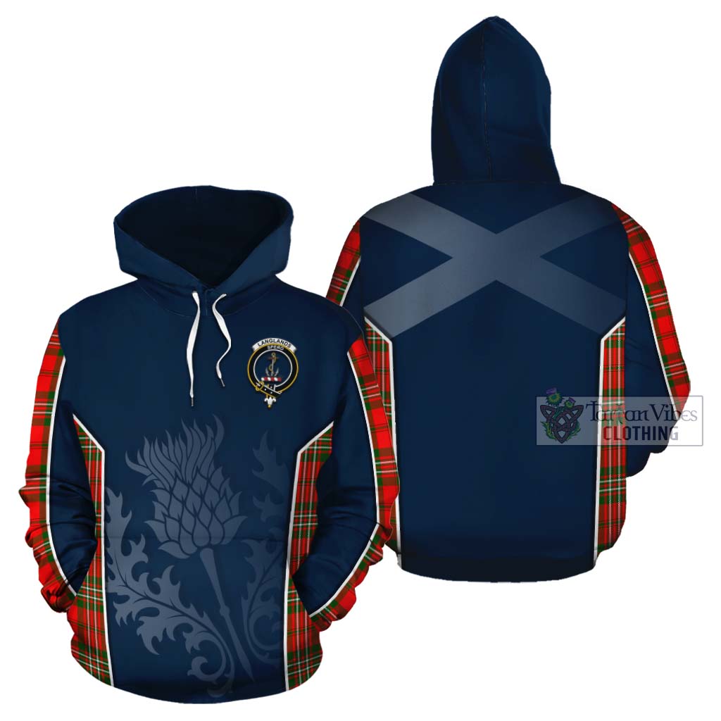 Tartan Vibes Clothing Langlands Tartan Cotton Hoodie with Family Crest and Scottish Thistle Vibes Sport Style
