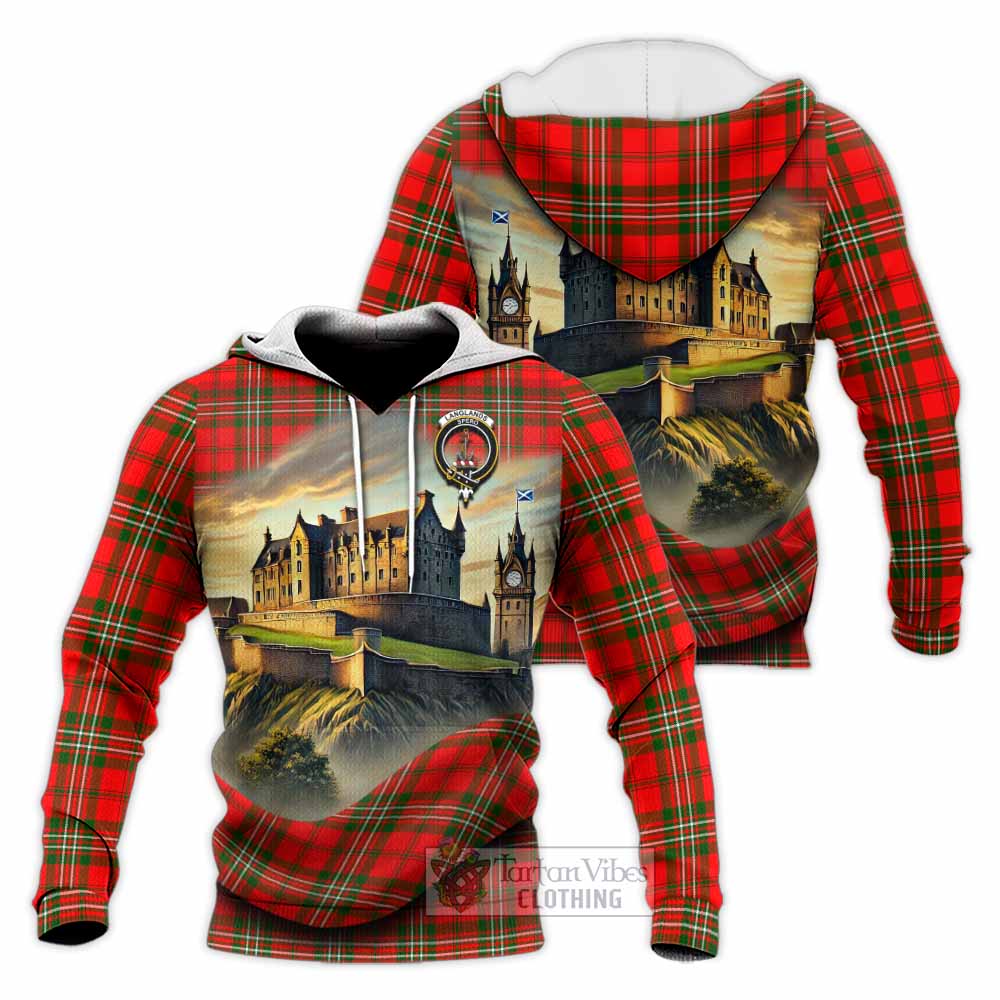 Tartan Vibes Clothing Langlands Tartan Family Crest Knitted Hoodie with Scottish Ancient Castle Style
