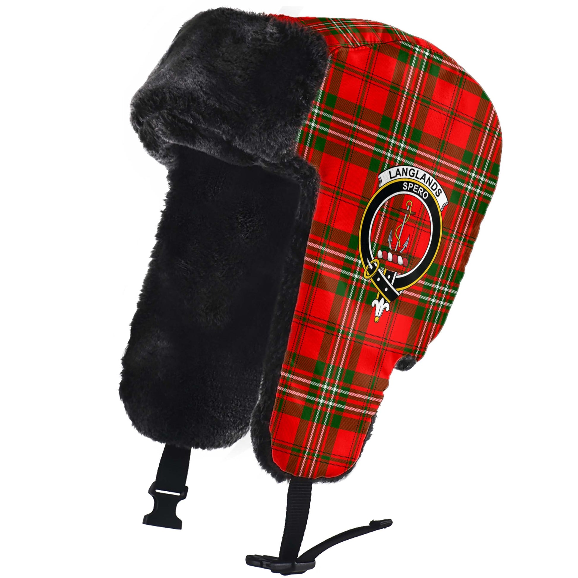 Langlands Tartan Winter Trapper Hat with Family Crest - Tartanvibesclothing