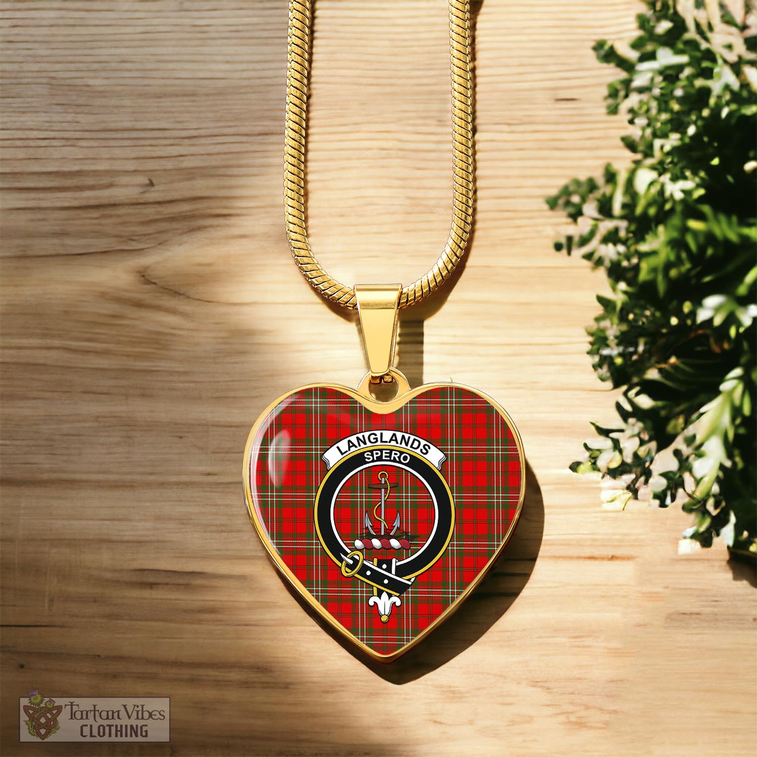 Tartan Vibes Clothing Langlands Tartan Heart Necklace with Family Crest