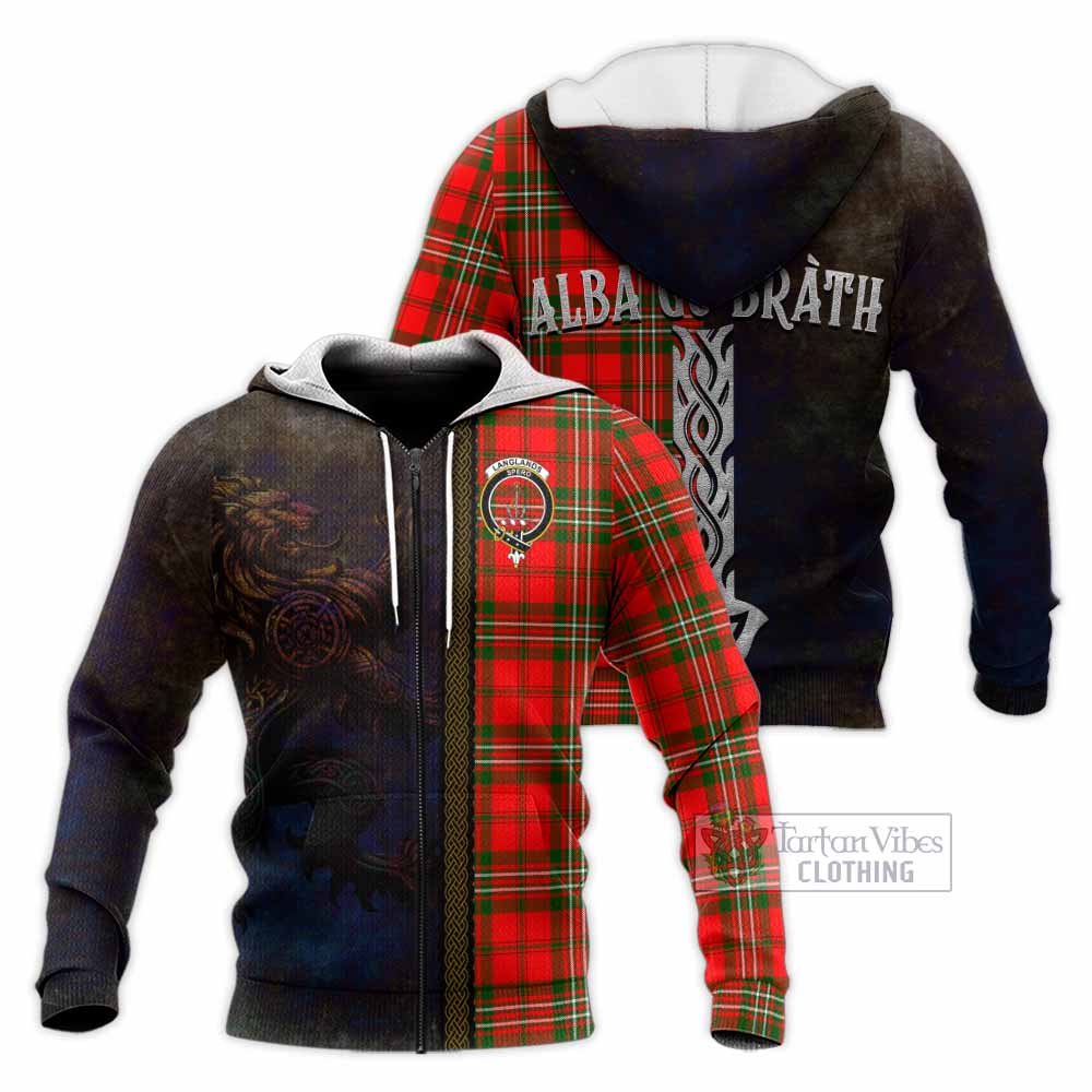 Tartan Vibes Clothing Langlands Tartan Family Crest Knitted Hoodie Alba Gu Brath Be Brave Lion Ancient Style