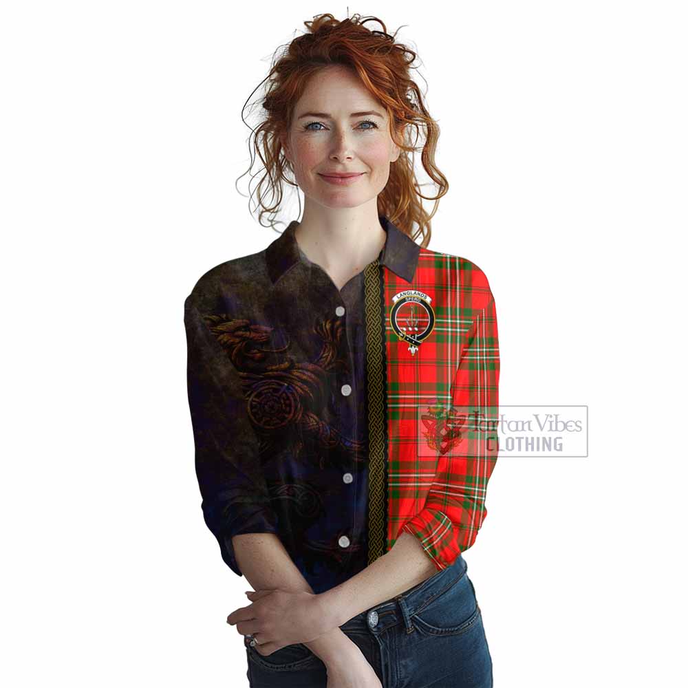 Tartan Vibes Clothing Langlands Tartan Family Crest Women's Casual Shirt Alba Gu Brath Be Brave Lion Ancient Style