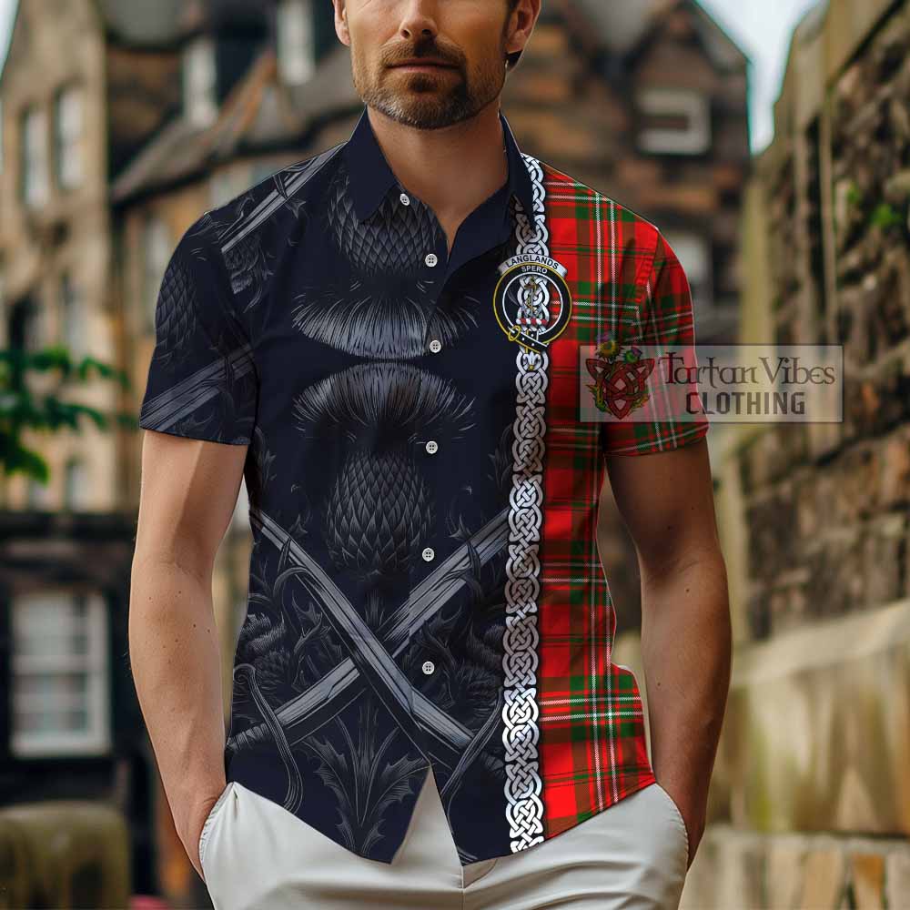 Tartan Vibes Clothing Langlands Tartan Short Sleeve Button Shirt with Family Crest Cross Sword Thistle Celtic Vibes