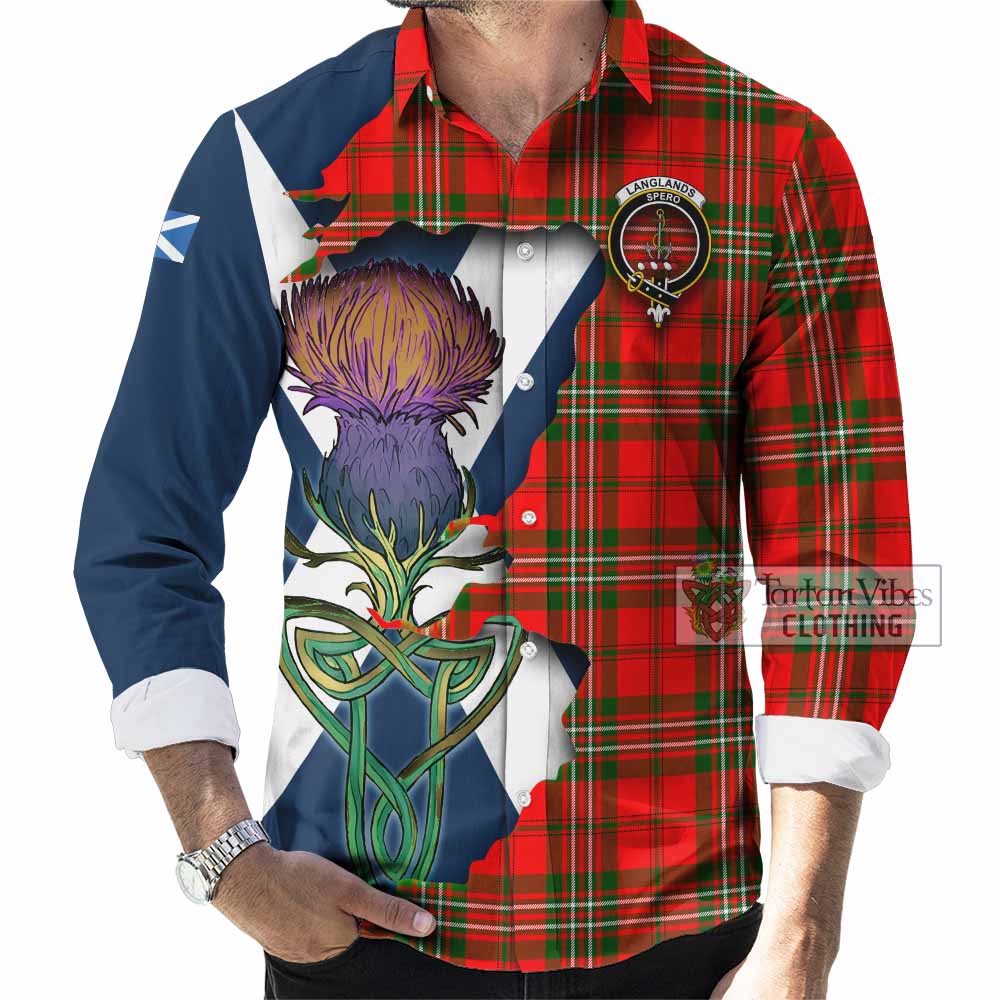 Tartan Vibes Clothing Langlands Tartan Family Crest Long Sleeve Button Shirt Scottish Thistle Celtic Inspired