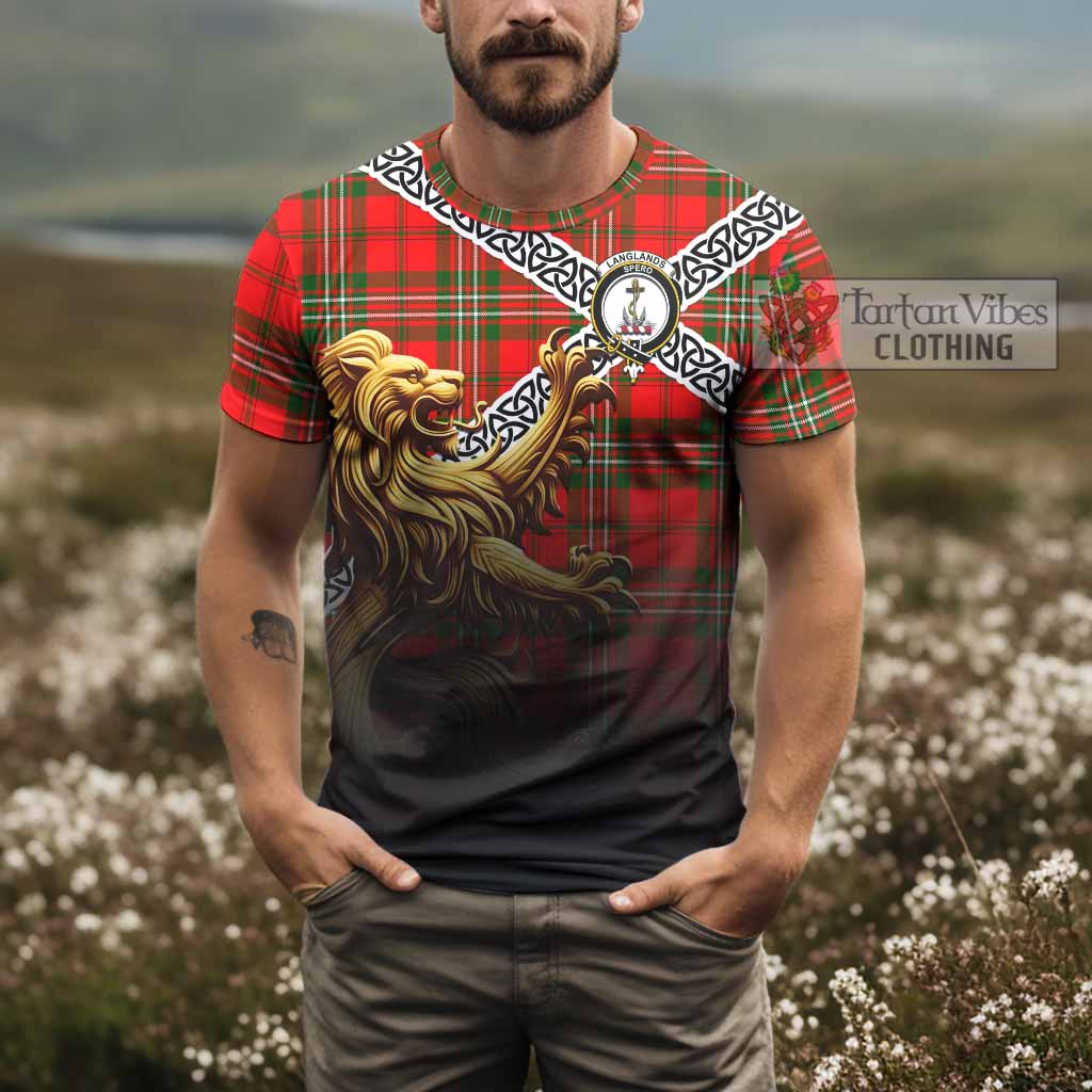 Tartan Vibes Clothing Langlands Crest Tartan T-Shirt with Golden Lion Emblem Celtic Style