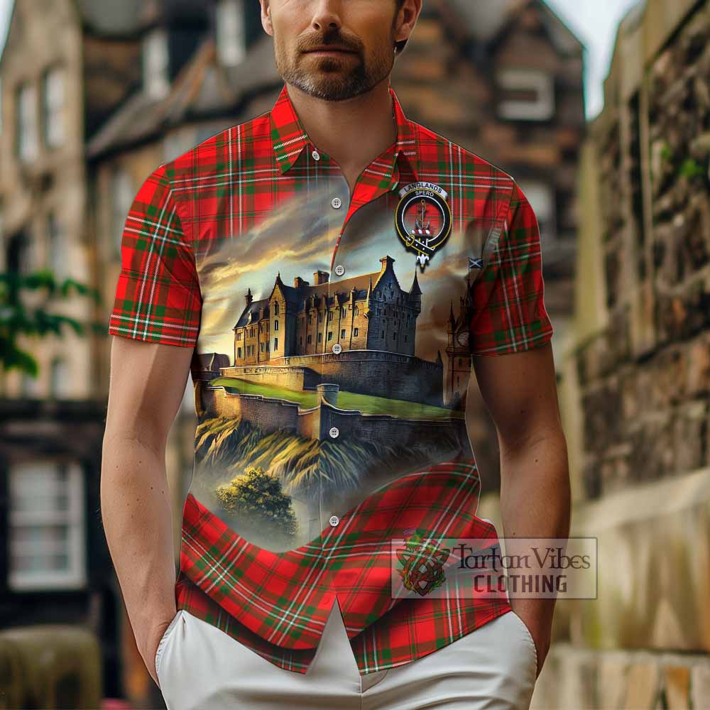 Tartan Vibes Clothing Langlands Tartan Family Crest Short Sleeve Button Shirt with Scottish Ancient Castle Style