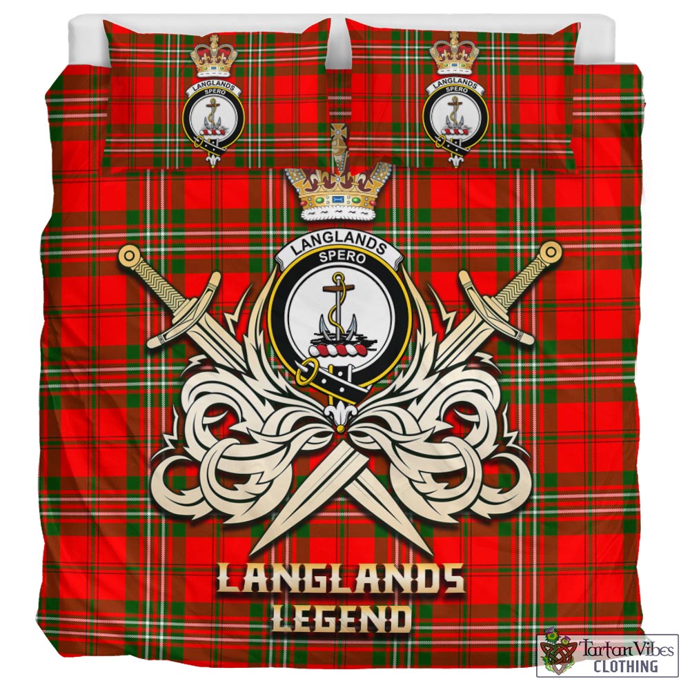 Tartan Vibes Clothing Langlands Tartan Bedding Set with Clan Crest and the Golden Sword of Courageous Legacy