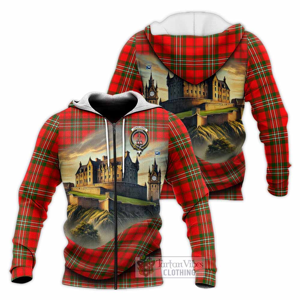 Tartan Vibes Clothing Langlands Tartan Family Crest Knitted Hoodie with Scottish Ancient Castle Style