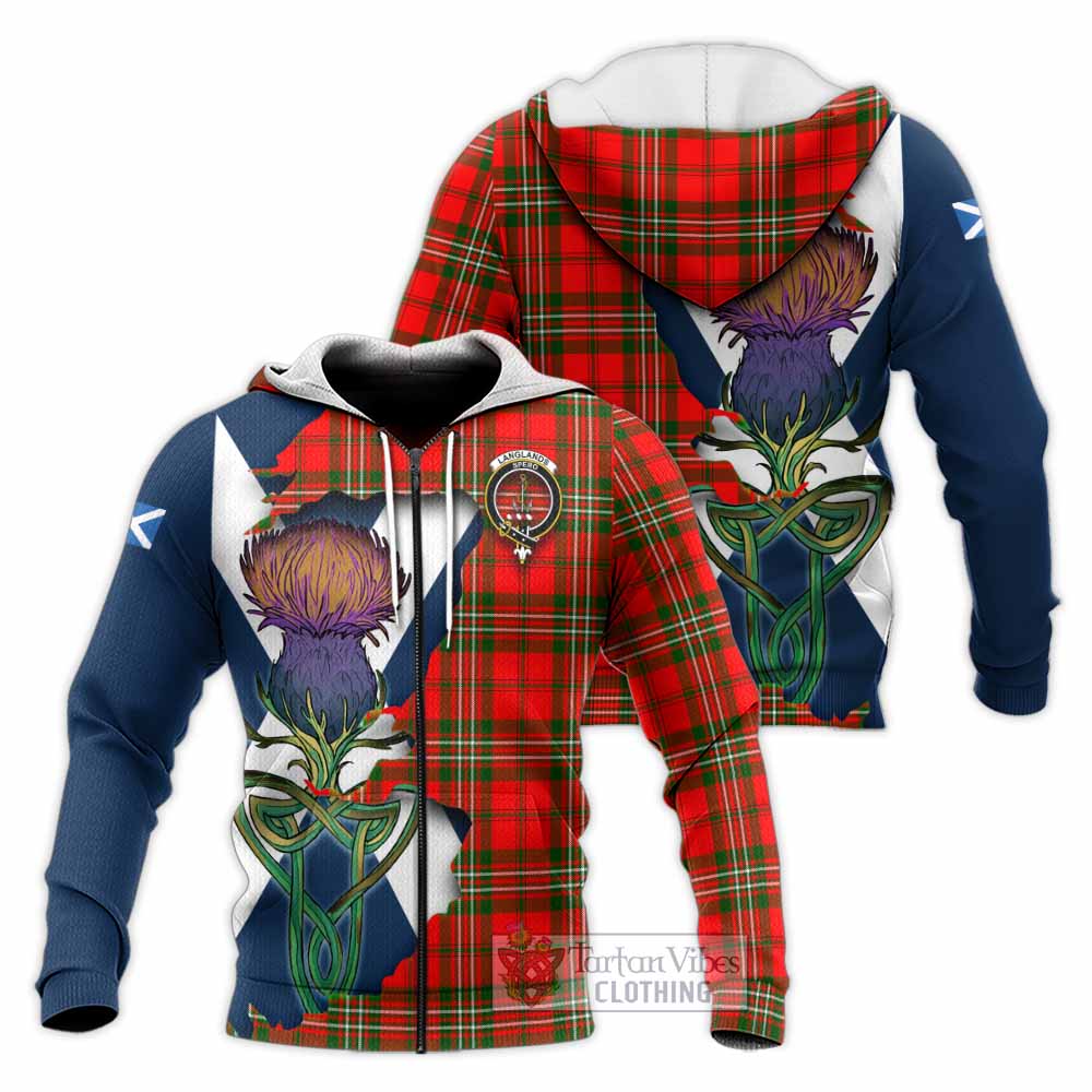 Tartan Vibes Clothing Langlands Tartan Family Crest Knitted Hoodie Scottish Thistle Celtic Inspired