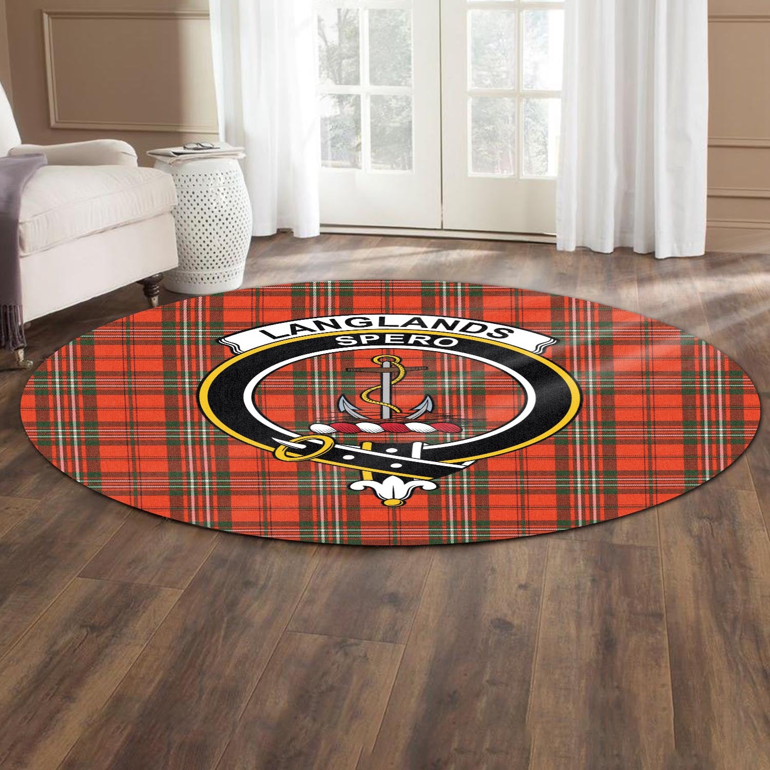 langlands-tartan-round-rug-with-family-crest