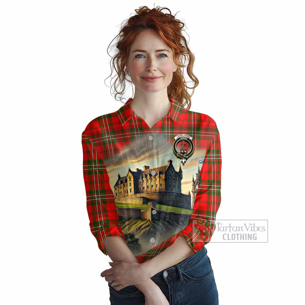 Tartan Vibes Clothing Langlands Tartan Family Crest Women's Casual Shirt with Scottish Ancient Castle Style