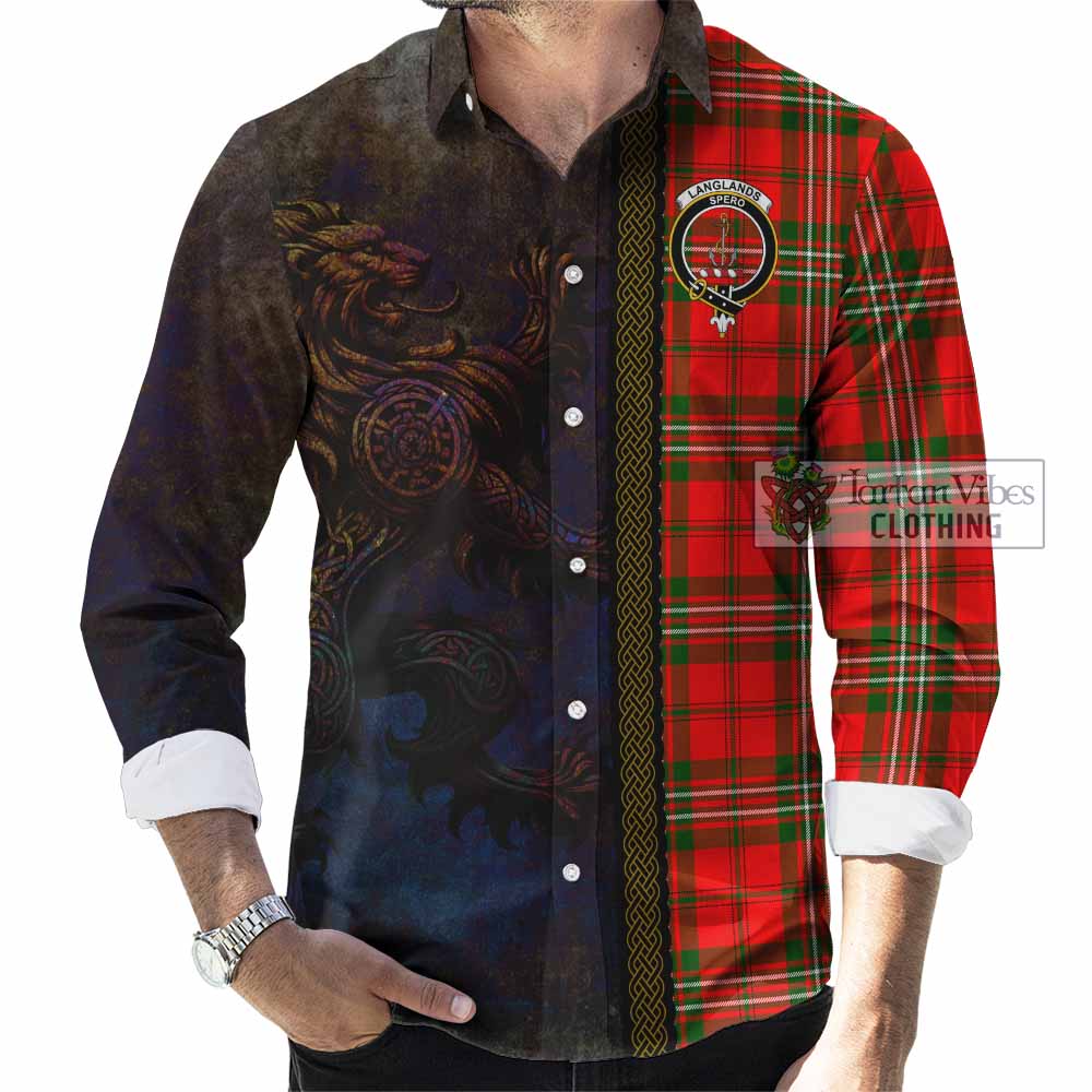 Tartan Vibes Clothing Langlands Tartan Family Crest Long Sleeve Button Shirt Alba Gu Brath Be Brave Lion Ancient Style