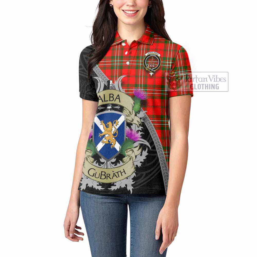 Tartan Vibes Clothing Langlands Tartan Family Crest Women's Polo Shirt Lion Rampant Royal Thistle Shield Celtic Inspired