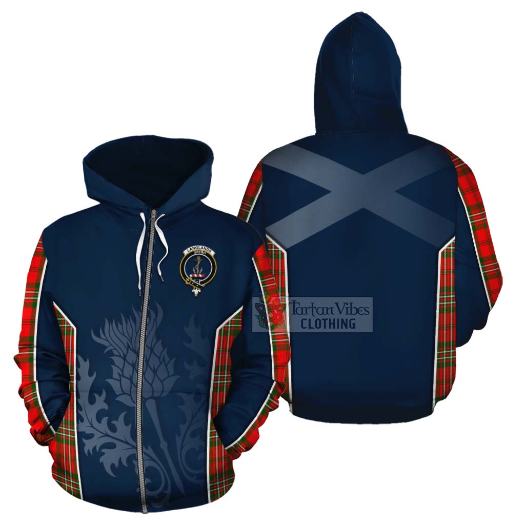 Tartan Vibes Clothing Langlands Tartan Cotton Hoodie with Family Crest and Scottish Thistle Vibes Sport Style
