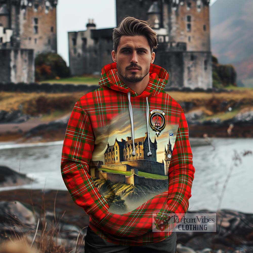 Tartan Vibes Clothing Langlands Tartan Family Crest Cotton Hoodie with Scottish Ancient Castle Style