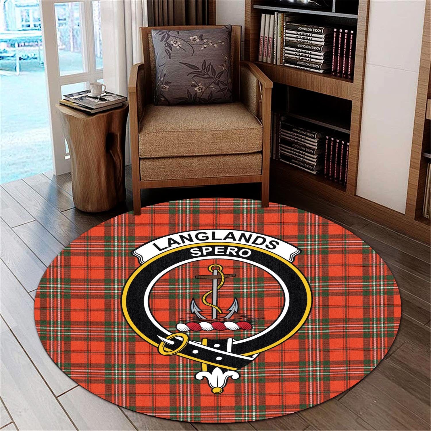 langlands-tartan-round-rug-with-family-crest