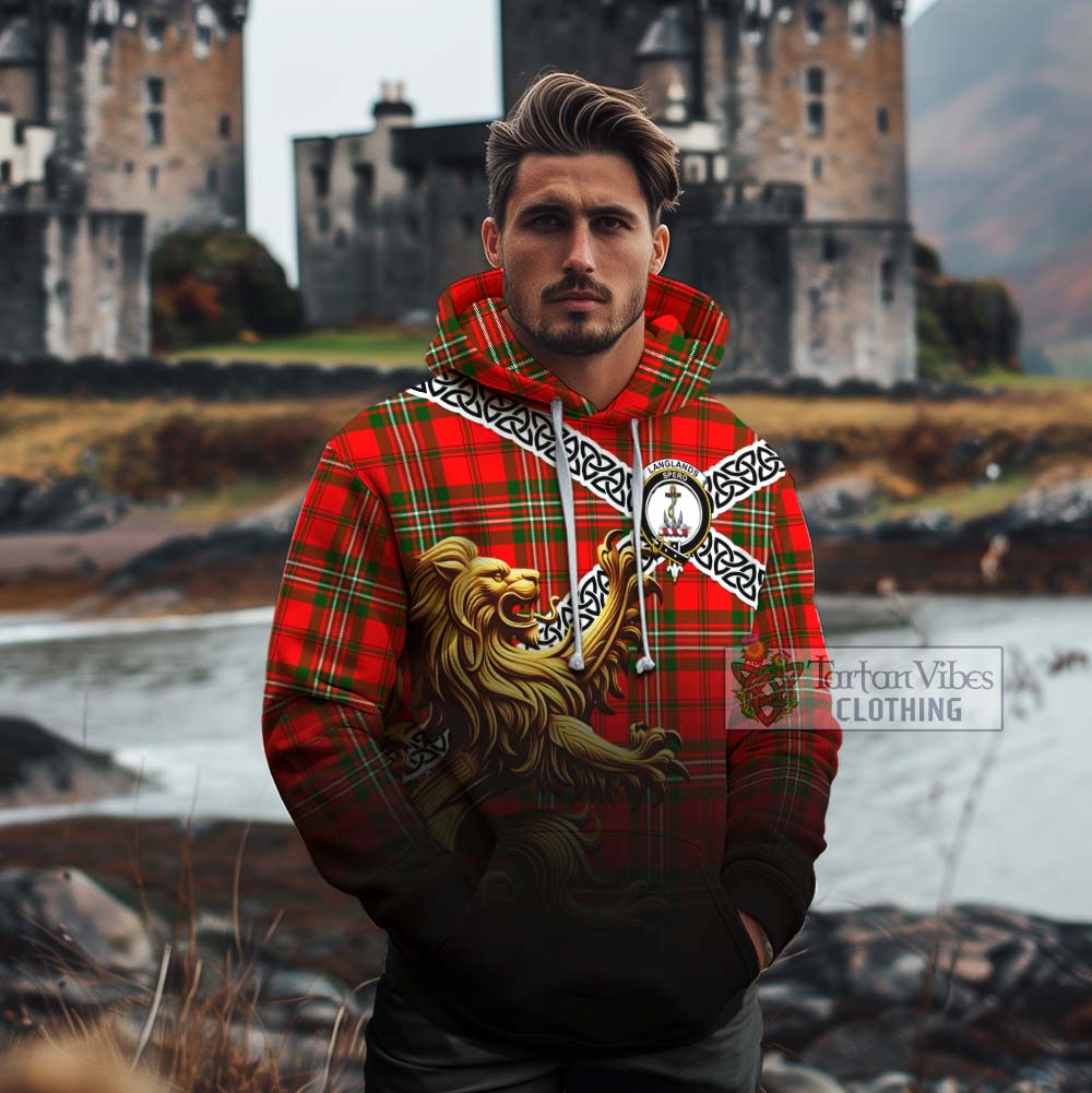 Tartan Vibes Clothing Langlands Crest Tartan Cotton Hoodie with Golden Lion Emblem Celtic Style