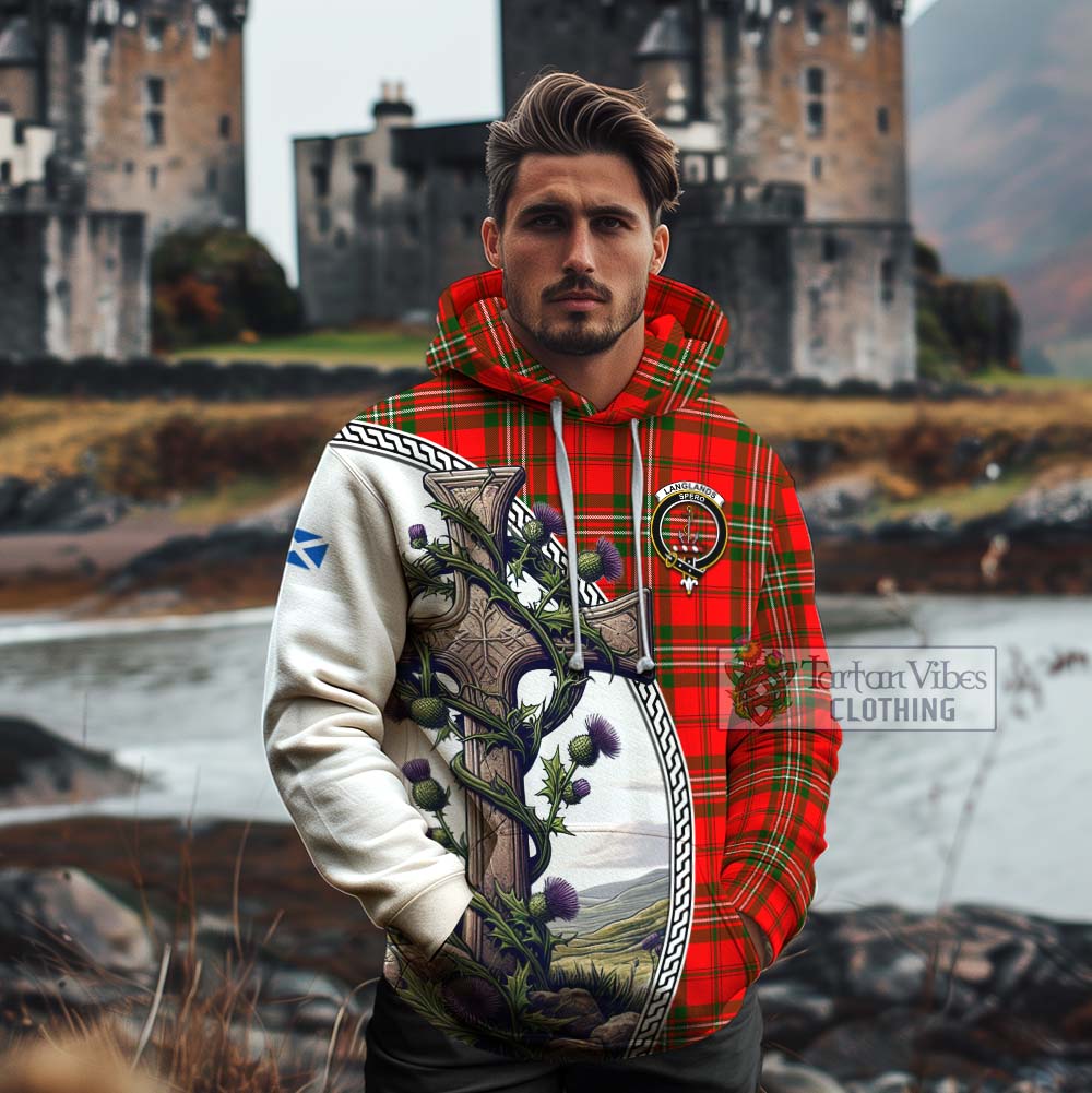 Tartan Vibes Clothing Langlands Tartan Cotton Hoodie with Family Crest and St. Andrew's Cross Accented by Thistle Vines