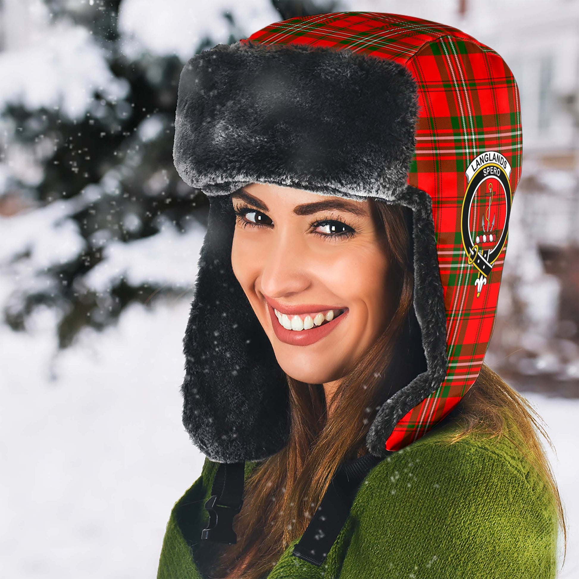 Langlands Tartan Winter Trapper Hat with Family Crest - Tartanvibesclothing