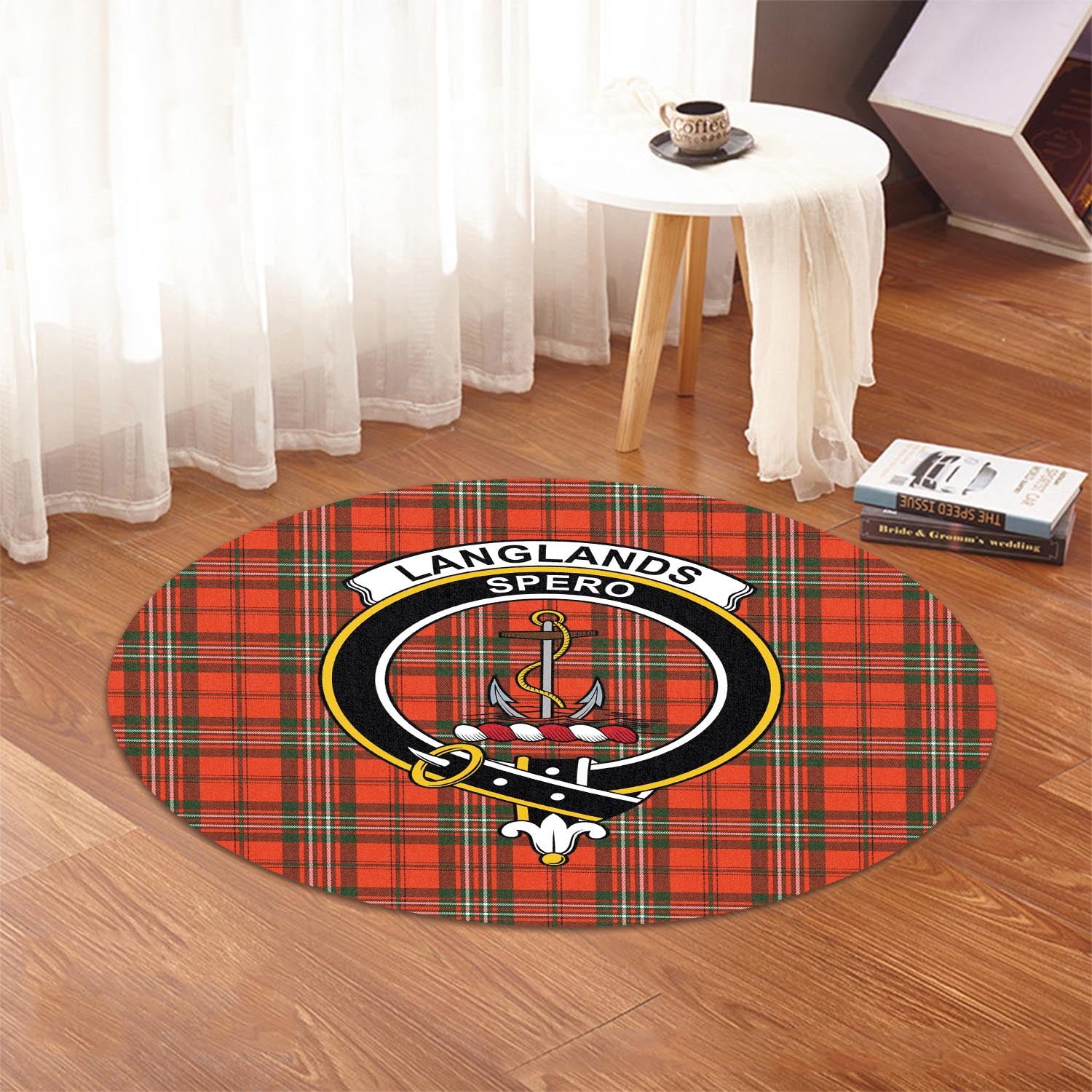 langlands-tartan-round-rug-with-family-crest
