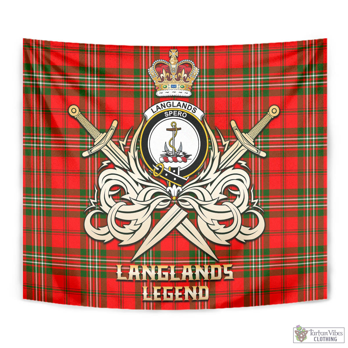 Tartan Vibes Clothing Langlands Tartan Tapestry with Clan Crest and the Golden Sword of Courageous Legacy