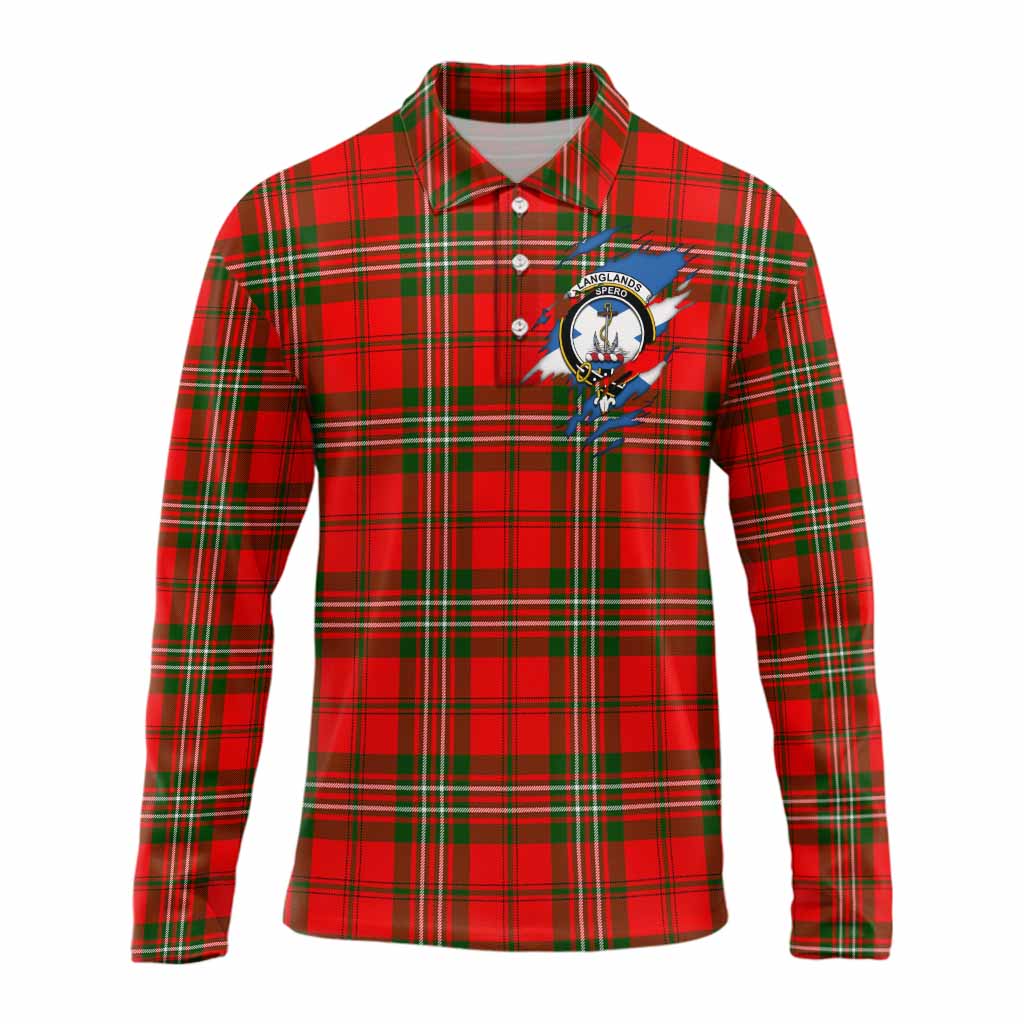 Langlands Clan Crest In Me Tartan Long Sleeve Polo Shirt Scotland Flag Style