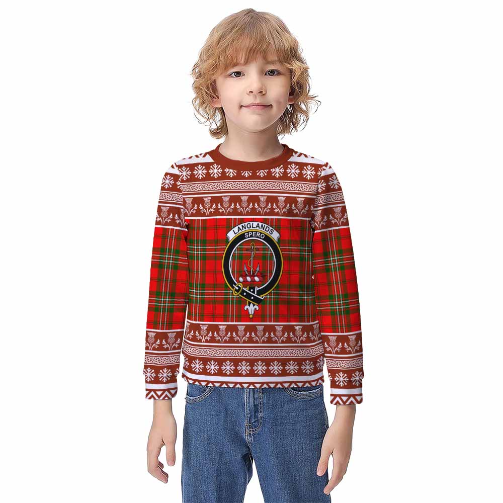 Langlands Clan Tartan Christmas Kid Ugly Sweatshirt with Family Crest - Tartan Vibes Clothing