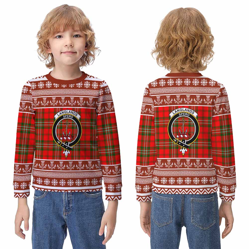Langlands Clan Tartan Christmas Kid Ugly Sweatshirt with Family Crest - Tartan Vibes Clothing