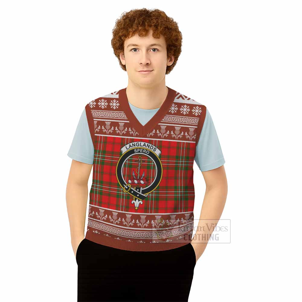 Langlands Clan Tartan Christmas Knitted V-Neck Vest with Family Crest - Tartan Vibes Clothing