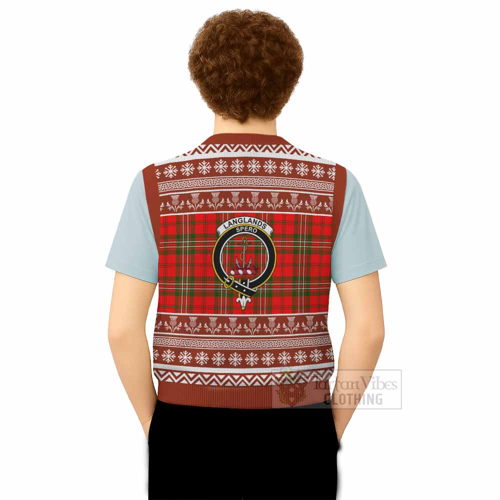 Langlands Clan Tartan Christmas Knitted V-Neck Vest with Family Crest - Tartan Vibes Clothing