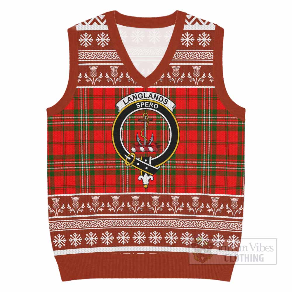 Langlands Clan Tartan Christmas Knitted V-Neck Vest with Family Crest - Tartan Vibes Clothing