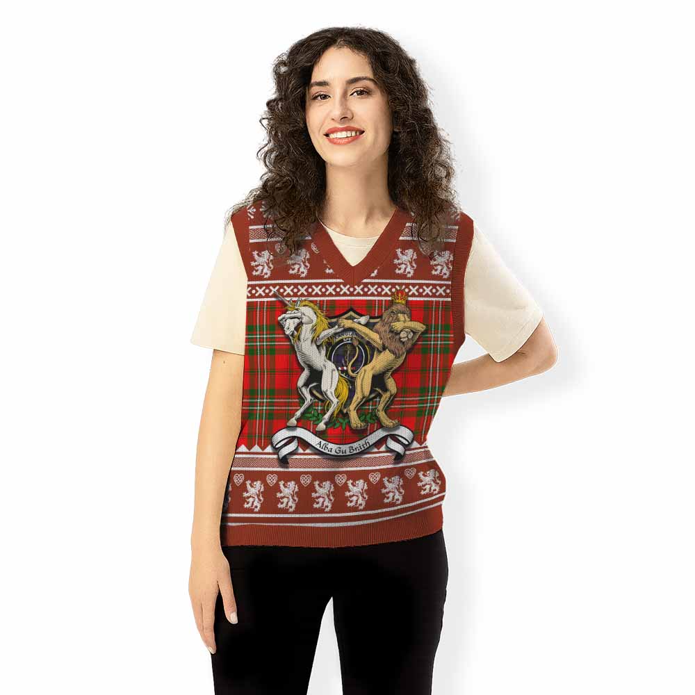 Langlands Clan Tartan Crest Christmas Knitted V-Neck Vest Coat of Arms Funny Style - Tartan Vibes Clothing