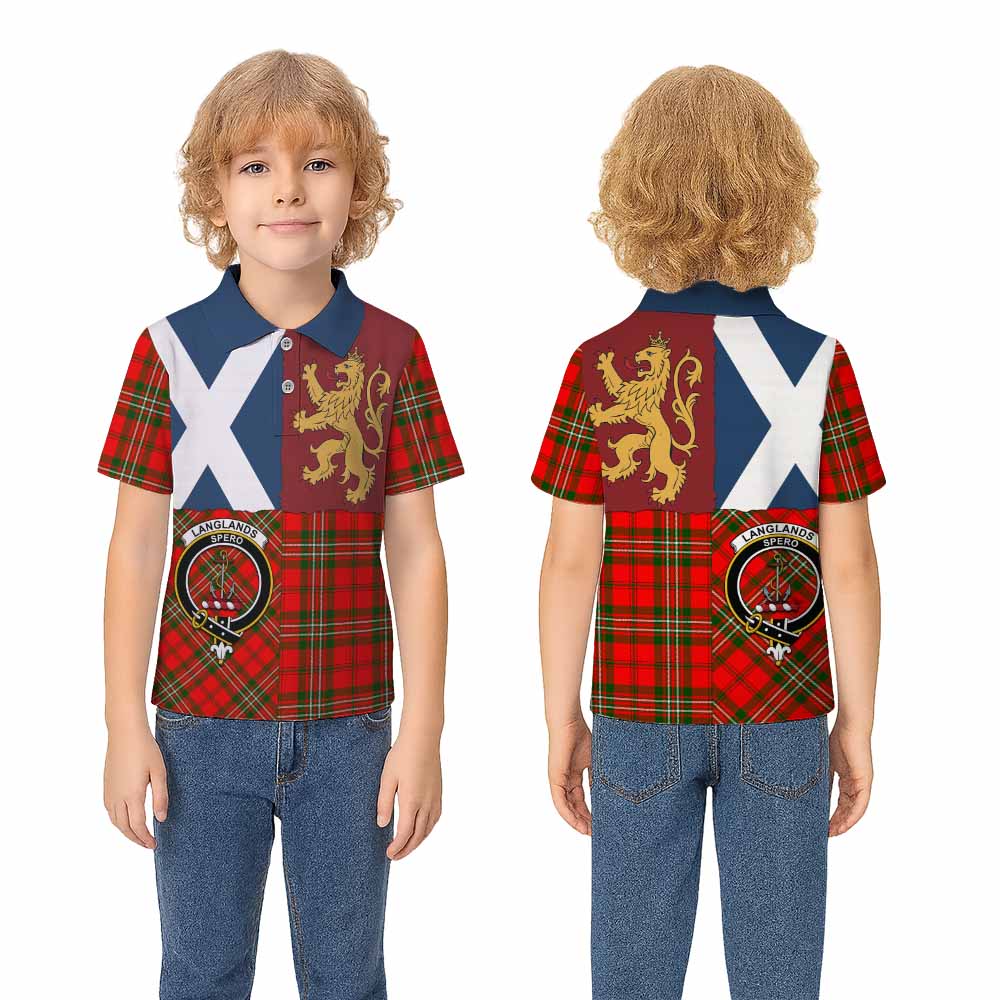 Langlands Crest Tartan Kid Polo Shirt with Lion Rampant Saltire Style - Tartan Vibes Clothing