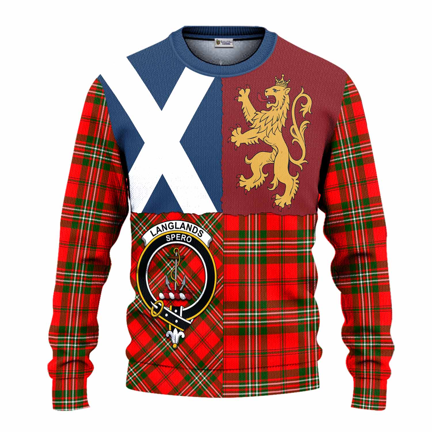 Langlands Crest Tartan Knitted Sweater with Lion Rampant Saltire Style