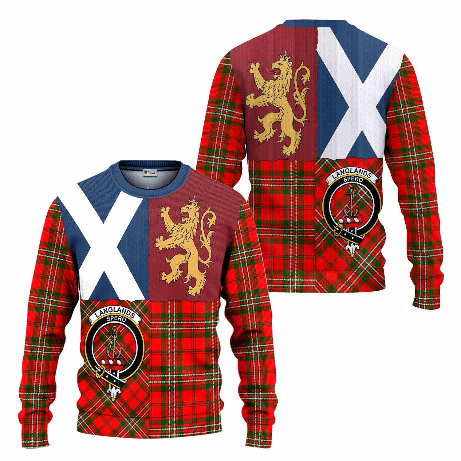Langlands Crest Tartan Knitted Sweater with Lion Rampant Saltire Style