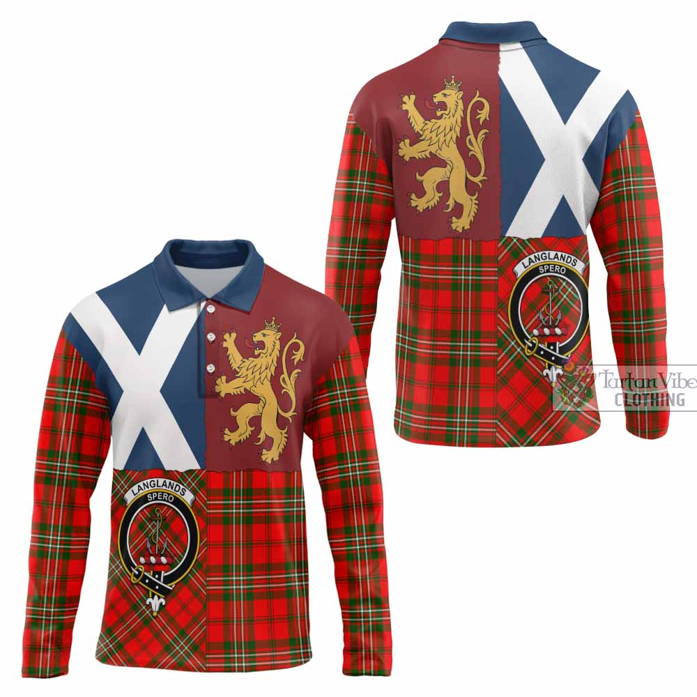 Langlands Crest Tartan Long Sleeve Polo Shirt with Lion Rampant Saltire Style