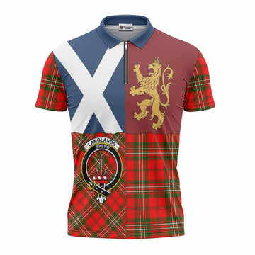 Langlands Crest Tartan Zipper Polo Shirt with Lion Rampant Saltire Style