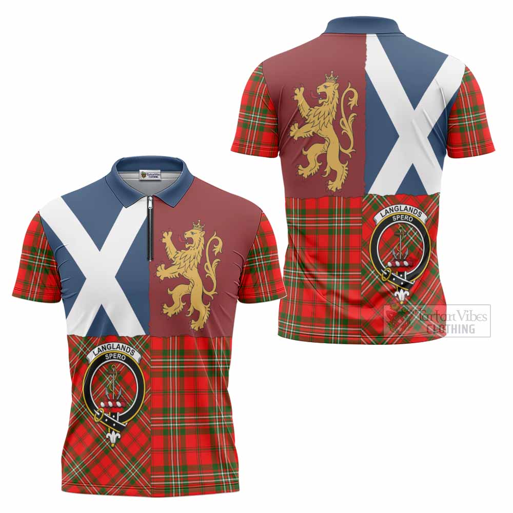 Langlands Crest Tartan Zipper Polo Shirt with Lion Rampant Saltire Style